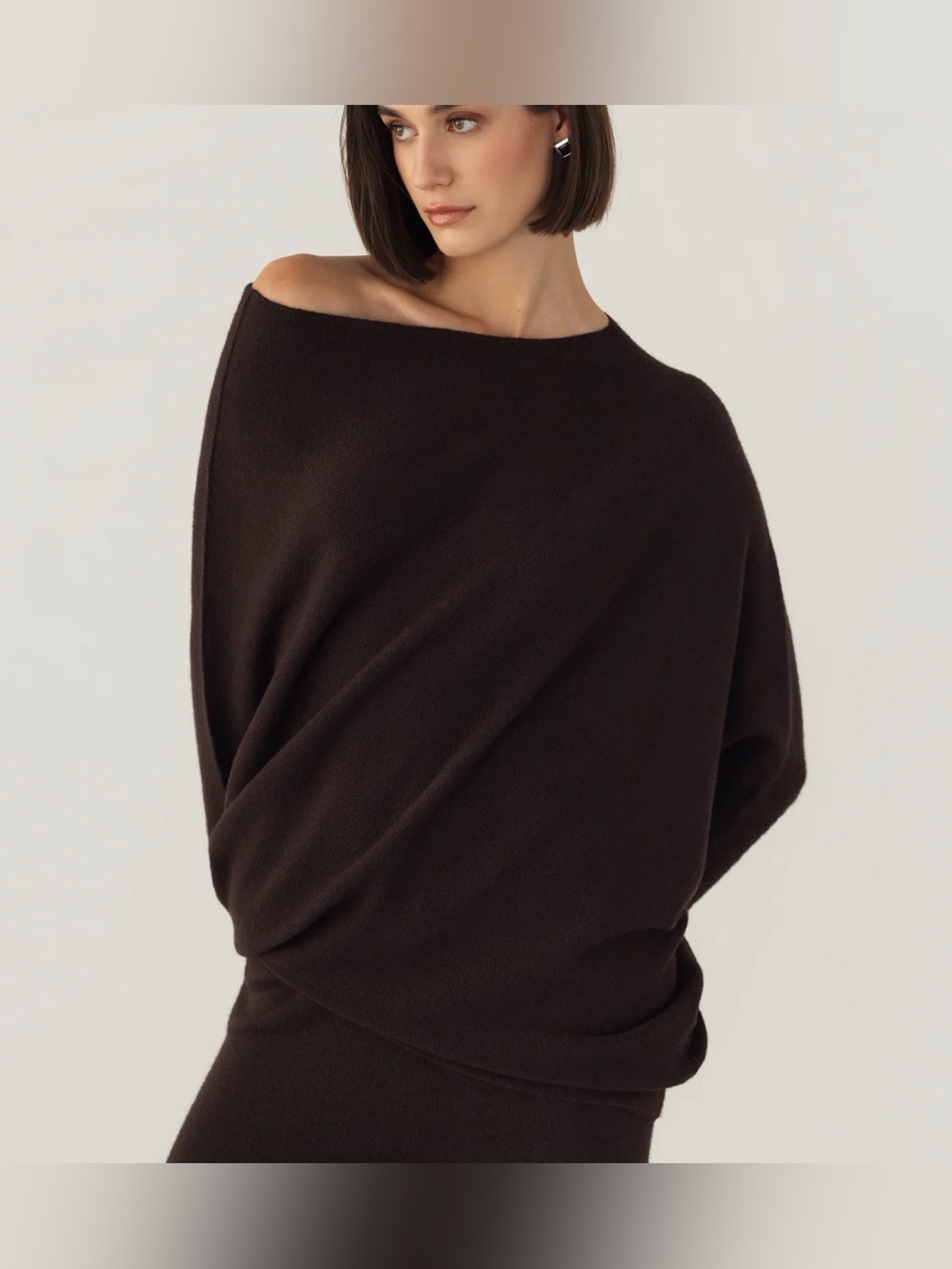NWT Jaki London Asymmetric Draped Sweater Espresso Brown Seamless Knit Italy